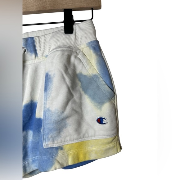 Champion Women’s Tie-Dye Fleece Shorts Small White Blue Yellow Drawstring - Picture 4 of 9